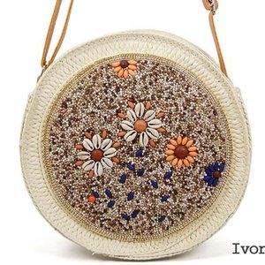 FLOWER ROUND BEAD STRAW CROSSBODY BAG